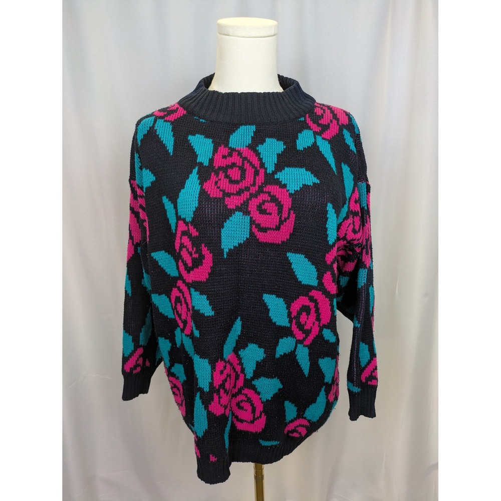 Erika Sweater Women Large Black Hot‎ Pink Rose Floral VINTAGE Boho Grannycore
